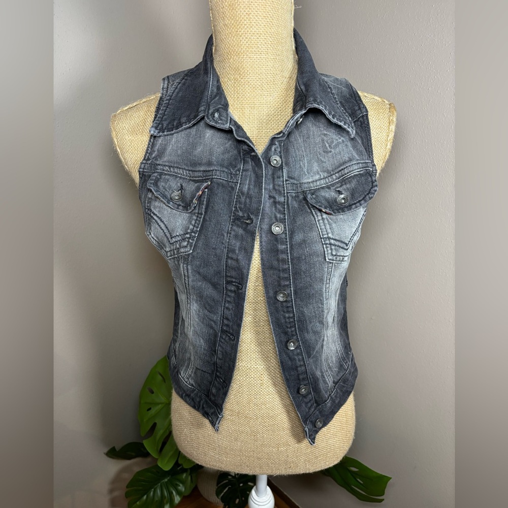 Zara TRF Vintage Crop Distressed Black Denim Vest Size Medium